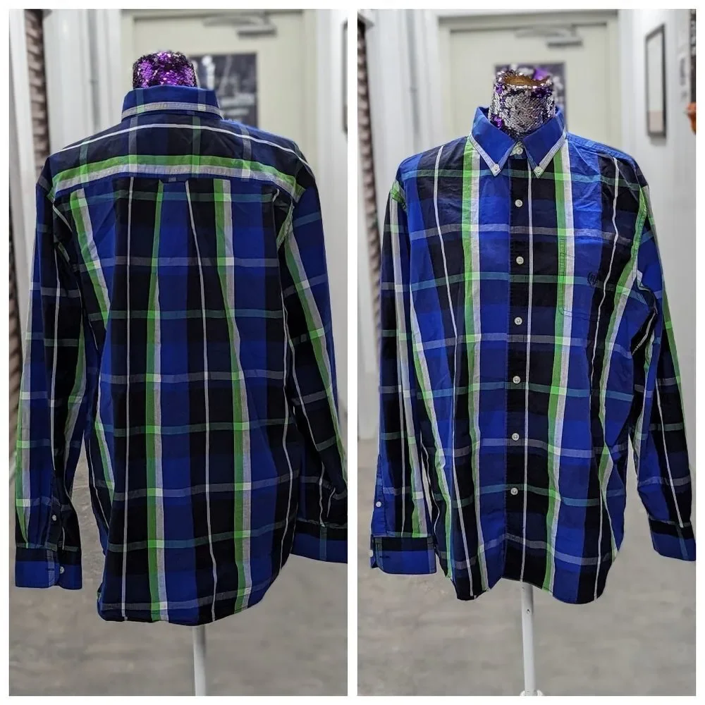 Chaps Large Blue & Green‎ Plaid Long Sleeve Button Front Shirt Old Money Preppy